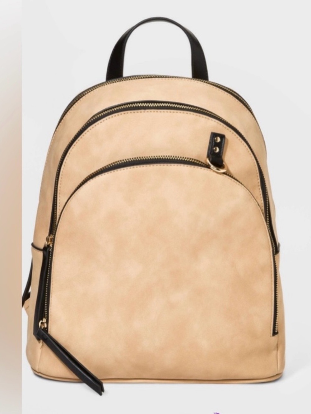 VR NYC Neutral Beige Faux-Leather Backpack with Black Trim Triple Compartment